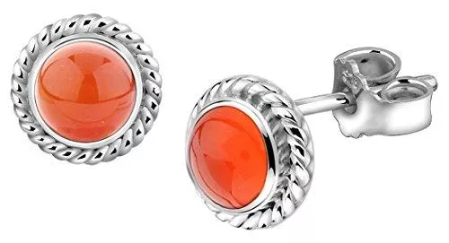 Nenalina Schmuck Nenalina Silber Damen-Ohrringe Ohrstecker rund mit Geburtsstein Karneol orange für Frauen und Mädchen, 925 Sterling Silber, Ohrstecker für Damen, Geburtsstein Ohrringe, 222999-008