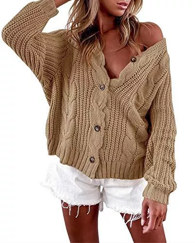 Romancan Strickjacken Romancan Damen Button Down Sweater Open Front Kurz Cardigan Zopfmuster Strickjacke Grobstrick Outwear
