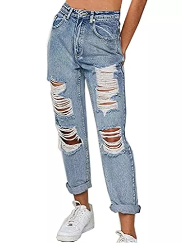 ORANDESIGNE Jeans ORANDESIGNE Damen Stretch Straight Jeans Löchern Baggy Boyfriend Jeanshose Teenager Mädchen Lässig Denim Hosen Weich Pants Freizeithose