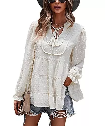 Ajpguot Ärmellose Blusen Ajpguot Damen Polka Dot Tunika Rüschen Bluse T-Shirts Elegant V-Ausschnitt Langarmshirts Tops Lose Babydoll Shirt Oberteile