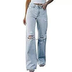 Luoyu Jeans Luoyu Damen Baggy Jeans mit weitem Bein, Distressed Flare Jeans für Damen, zerrissene Jeans mit mittlerer Taille, Trendige lässige Y2K Baggy Denim Jeans, Streetwear Cargohose