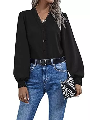 Style Dome Langarmblusen Style Dome Damen Bluse Elegante Laternenärmel Langarmshirt Tunika V-Ausschnitt Oberteile Locker Tops