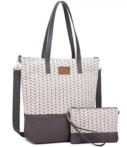 Myhozee Taschen & Rucksäcke Myhozee Handtaschen Damen Groß Canvas 2 Sets - Schultertasche Shopper Tasche mit Einer Portmonee Klein Weiß
