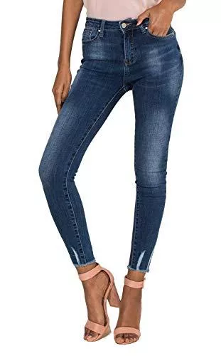 Nina Carter Jeans Damen Skinny Fit Jeans HIGH Waist Stretchjeans Gewaschener Faltenoptik Jeanshosen Stylishe Hose Knöchellange Used Look Destroyed Five-Pocket-Style