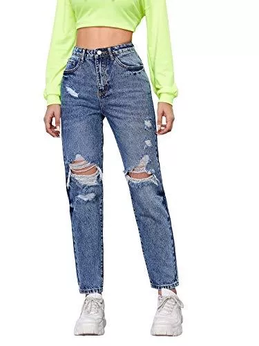 DIDK Jeans DIDK Damen Jeans Denim Hosen Jeanshosen Hoher Bund Gerissen Lange Hose Freizeithose mit Lochdesign