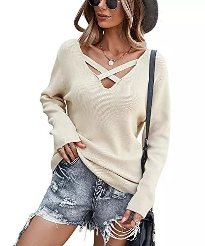 SEVETAT Pullover & Strickmode SEVETAT Pullover Damen Elegant V-Ausschnitt Kreuz Strickpullover Mode Einfarbig Sweater Tops Casual Lose Pulli Langarm Jumper Oberteile