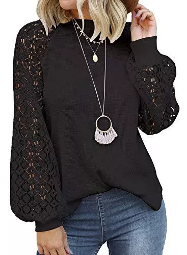 MIHOLL Langarmblusen MIHOLL Damen Top Langarm Rundhalsausschnitt Lose Bluse Mit Spitze Oberteil Tops