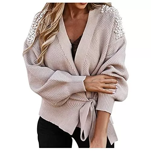 LianMengMVP Strickjacken LianMengMVP Damen V-Ausschnitt Strickjacke Bowknot Perle Reine Farbe Stricken Pullover Herbst Winter Langarm Mode Blusen Basic Pullover Blouse Tops Jumper Strickpullover