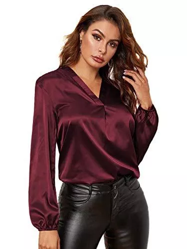 DIDK Langarmblusen DIDK Damen Blusen Langarm Oberteil Satin Top mit V Ausschnitt Bluse Tunika Oberteile Laternenärmeln