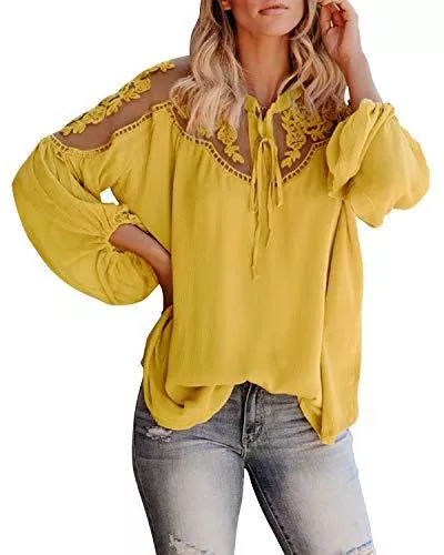 Style Dome Langarmblusen Style Dome Damen Bluse Lange Laterne Ärmel Oberteile Lace Shirt Elegant Loose Longshirt