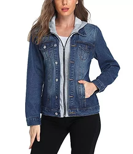 Dilgul Jacken Dilgul Damen Jeansjacke mit Kapuze Frauen Denim Jacke Reißverschluss