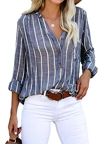 SIDEFEEL Langarmblusen SIDEFEEL Damen Elegante Blusen Langarm Hemdbluse V-Ausschnitt Oberteile Blusenshirt Casual Bluse Hemd Tops Langarm Shirt, Blau, M