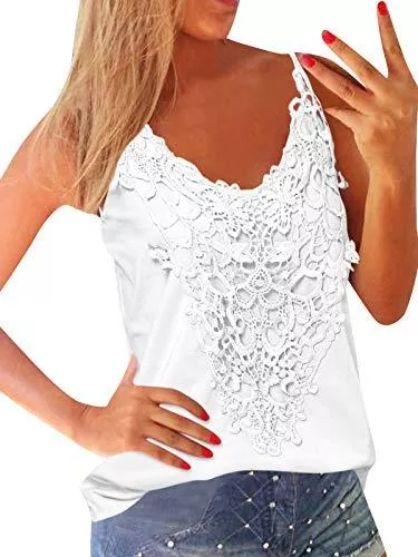 ZANZEA Ärmellose Blusen ZANZEA Damen Ärmellos V-Ausschnitt Tank Tops mit Spitze Weste Sommer Strand Vest Bluse