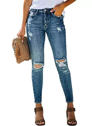 Dokotoo Jeans Dokotoo Damen Lange Jeans Skinny High Denim Loch zerrissene Freizeithose SommerJeanshosen Boyfriend Jeans mit Taschen S-XL