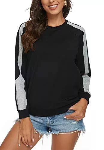 Kormei Pullover & Strickmode Kormei Damen Sweatshirt Pullover Basic Farbblock Langarmshirt Top Baumwolle Pulli Rundhals Sweater Sportlich Fitness