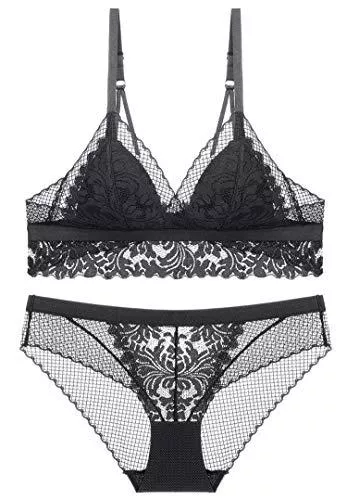 SHEKINI Unterwäsche & Dessous SHEKINI Damen Spitzen Unterwäsche Set Leichte BH Set Bralette Gepolstert Ohne Bügel und Transparente Slip Nicht Abnehmbarer Bra Hipsters mit Hakenverschluss und Verstellbare Träger