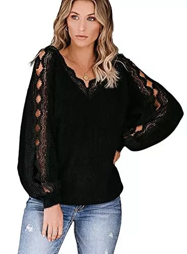 BLENCOT Langarmblusen BLENCOT Pullover Frauen Langarm Spitze Häkelpullover Winter Pullover Baumwolle Herbst Pullover Elegante Winter Damen S-XXL