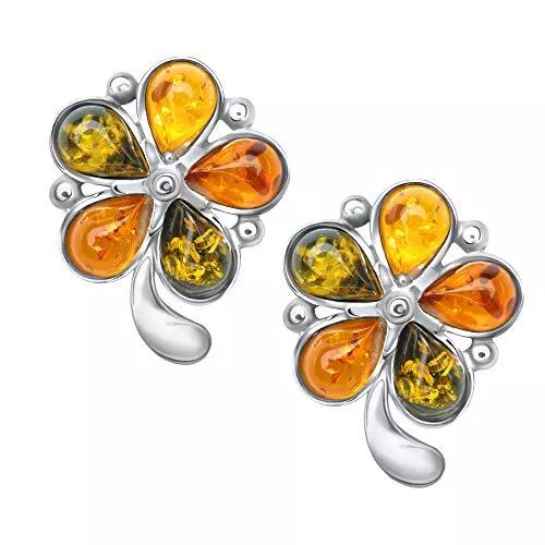 ANDANTE Schmuck ANDANTE Premium Collection - Echter OSTSEE Bernstein Ohrstecker in 925 Sterling Silber ** Bunte Blume ** Zertifiziert - Gold des MEERES - Farbe COGNAC, GRÜN, ZITRONE