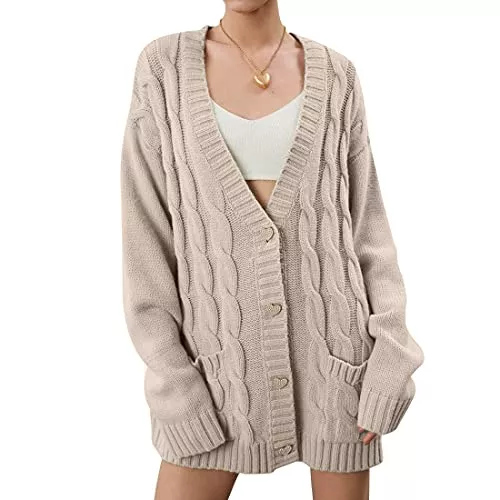 wenyujh Strickjacken wenyujh Strickjacke Damen Casual Cardigan Elegant Strickmantel Strickpullover Langarm V-Ausschnitt Strickcardigan mit Taschen und Knopf Open Front Mantel Outwear