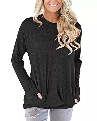 AUSELILY Langarmshirts AUSELILY Damen Casual Rundhalsausschnitt Langarm Fit Tunika Top Baggy Bequeme Bluse mit Taschen