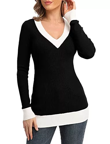Dilgul Pullover & Strickmode Dilgul Strickpullover Damen Pullover V Ausschnitt Kontrast Tunika Langarmshirt Oberteile Tops