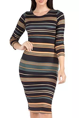 ICONOFLASH Business ICONOFLASH Damen 3/4 Arm Bodycon Midi Kleid Rundhals Taillierte Kleider mit Übergröße Optionen