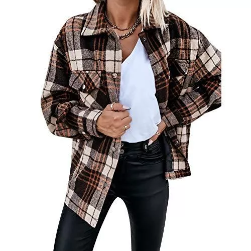 ISAKEN Langarmshirts ISAKEN Damen Karierte Hemdjacke mit Knöpfen Holzfällerjacke Mantel Oversized Hemdbluse Langarm Karohemd Kariertes Hemd Blusenshirt Lang Mode Boyfriend Bluse Jeansjacke