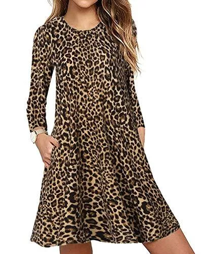 CNFIO Freizeit CNFIO Kleider Damen Leopard Blusenkleid Langarm Kleider Knielang mit Tasche Sweatshirt Pullover Casual Herbst