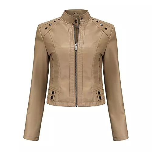 YYNUDA Jacken YYNUDA Frauen Lederjacke kurz Kunstleder Reißverschluss Nieten Mode solide Farbe Biker Jacke