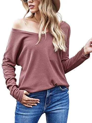 Odosalii Langarmblusen Odosalii Strickpullover Damen Pullover V Ausschnitt Sexy Oberteil Schulterfrei Oversized Langarmshirt Tops