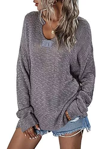 ZIYYOOHY Pullover & Strickmode ZIYYOOHY Damen Strickpullover V Ausschnitt Langarmshirts Pullover Sweatshirt Schulterfrei Lose Casual Oberteil Tops Sweater Pulli