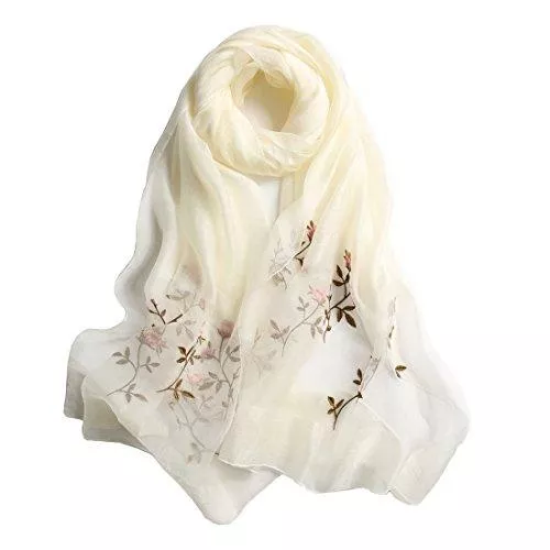 DorkasDE Schals & Tücher DorkasDE Damen Schal lange Stola Stickerei Leicht Schal aus Seide &amp; Baumwolle Meterial 90 * 190cm
