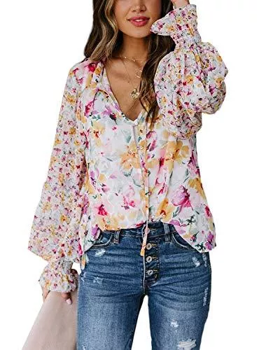 Dokotoo Ärmellose Blusen Dokotoo Damen Blusen Elegante Oberteile V-Ausschnitt Tops Blumenstil Casual Langarm Tops Laternenärmel Sommer Hemd S-2XL
