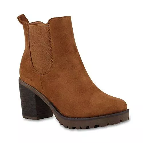stiefelparadies Stiefel stiefelparadies Damen Stiefeletten Chelsea Boots mit Blockabsatz Profilsohle Plateau Vorne Flandell