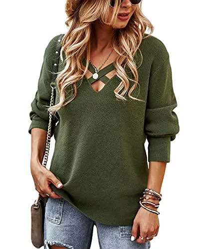 SEVETAT Pullover & Strickmode SEVETAT Pullover Damen Elegant V-Ausschnitt Kreuz Strickpullover Mode Einfarbig Sweater Tops Casual Lose Pulli Langarm Jumper Oberteile