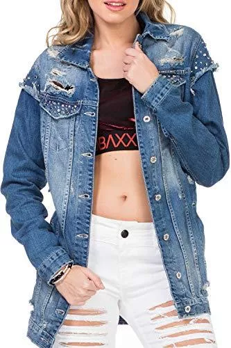 Cipo &amp; Baxx Jacken & Westen Cipo &amp; Baxx Damen Jeansjacke Destroyed Nieten Ausgefranst Denim Design Totenkopf
