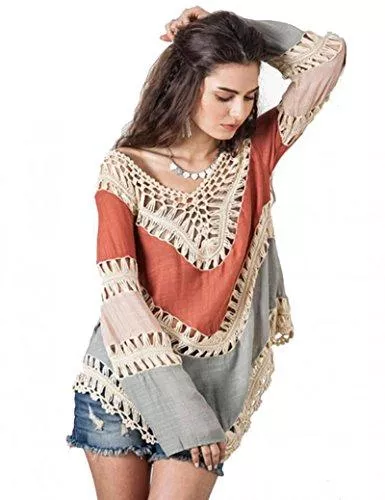 Wuiyepo Langarmshirts Wuiyepo Frauen Böhmen Langarm Stickerei Spitze Crochet Stricken Spliced Bluse