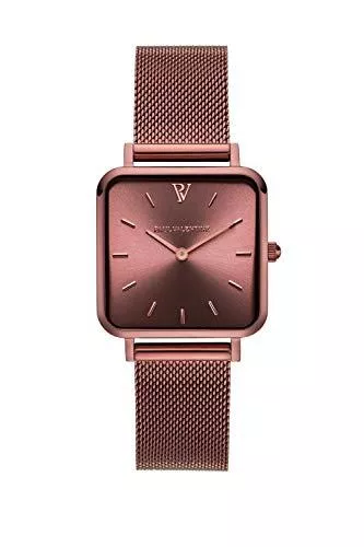 PAUL VALENTIN Uhren Paul Valentine Damenuhr - Glossyedge Coffee Mesh - Eckige Frauen Uhr mit Mesh Armband, kratzfestes Glas und Quarzwerk - Armbanduhr für Damen braun