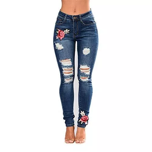 LONGWEI Jeans LONGWEI Damen Jeans Slim Fit Stretch Bestickte Blumen Frauen Floral Bedruckte hohe Taille Denim-Hosen