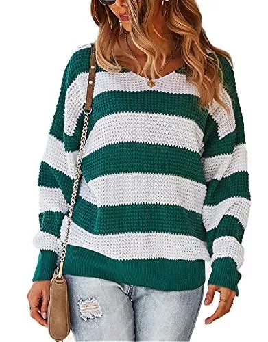 Vinlari Pullover & Strickmode Sweater Damen Streifen Strickpullover Langarm Oberteil Rundhals Bluse Stricken Sweatshirt Lose Tops Elegante Shirt S-XL