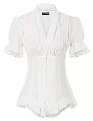 SCARLET DARKNESS Blusen & Tuniken Damen Renaissance Viktorianische Kurzarm Shirt Steampunk Lace Up Plissee Bluse Tops