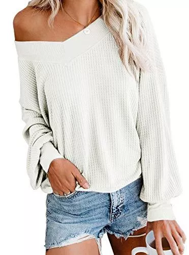Odosalii Pullover & Strickmode Odosalii Damen Strickpullover V-Ausschnitt Pullover Schulterfrei Langarmshirt Oversize Strickpulli Casual Oberteile Tops