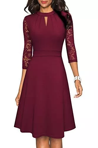 HOMEYEE Freizeit HOMEYEE Damen Elegant Hollow Out Spitze Swing Plissee Party Cocktailkleid A234