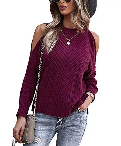SEVETAT Pullover & Strickmode SEVETAT Damen Off Shoulder Langarm Pullover Grobstrickpullover Mode Vorne Kurz und Hinten Lang Halbhoher Kragen Pulli Einfarbig Elegant Sweater Oberteile Casual Lose Jumper Tops