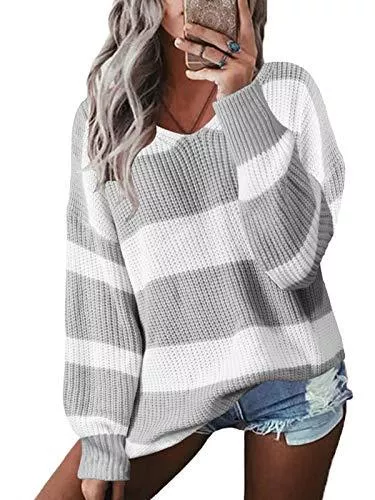 YOINS Pullover & Strickmode YOINS Pullover Damen Streifen Sweatshirt Oberteile Strickpullover Farbblock Sweater V-Ausschnitt Jumper Langarmshirts Tops Hemd Shirt