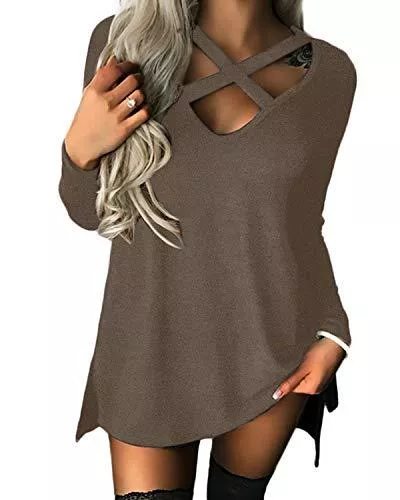 YOINS Langarmblusen YOINS Pullover Damen Sexy Oberteil Damen Schulterfrei Langarmshirts Herbst T-Shirt V-Ausschnitt Tops