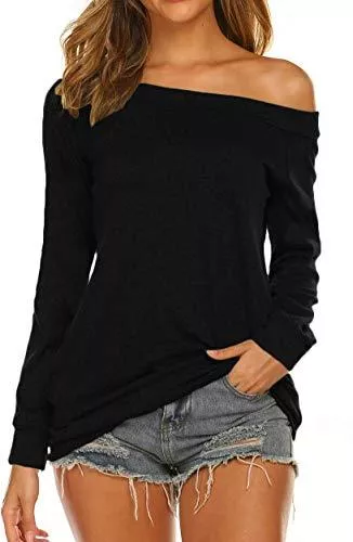Lalala Langarmshirts Lalala Longshirt Damen Oberteile Elegant Schulterfrei Tshirt Kurzarm/Langarm Bluse Tunika Shirts