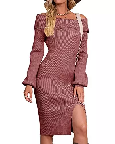 Vthereal Freizeit Vthereal Strickkleid Damen Pulloverkleid Schulterfrei Pullover Winterkleid Tunika Pulli Kleid Warme Lange sexy