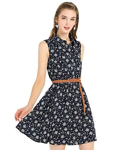 Allegra K Business Allegra K Damen Ärmellos Knopfleiste Gürtel Blumen Blusenkleid Kleid