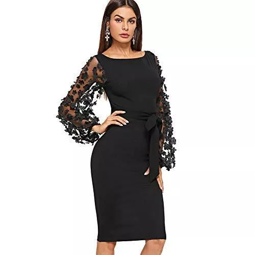 DIDK Freizeit DIDK Damen Netz Figurbetontes Kleid Schlauch Kleider mit Knoten Gürtel Stickerei Blumen Applikation Bishop Ärmel Knielang Übergoß Bleistift Einfarbig Party Kleider